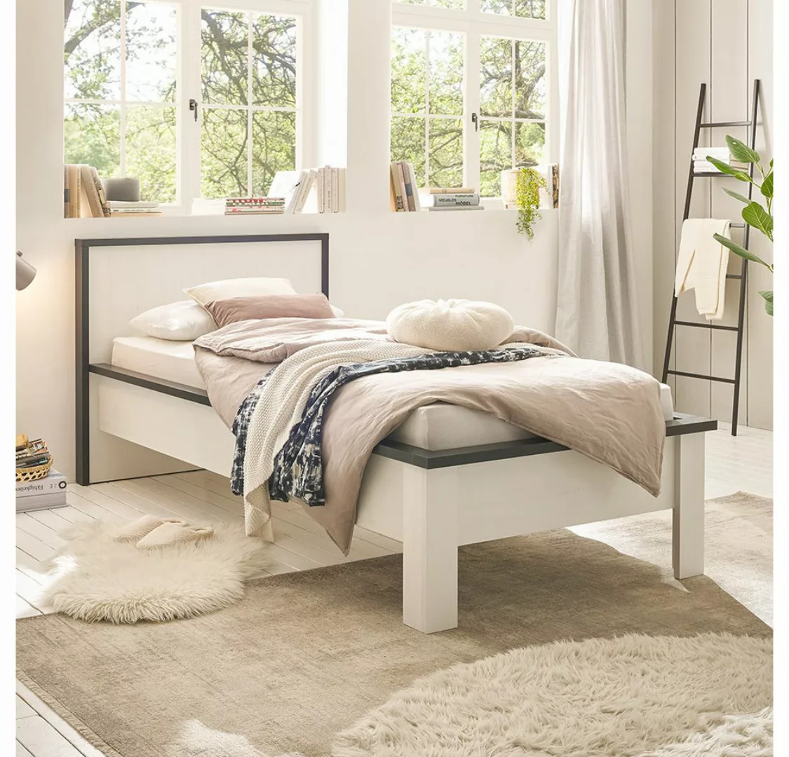 Lomadox Bett SHELTON-61, 90x200cm in Pinie weiß mit anthrazit Einzelbett Si günstig online kaufen