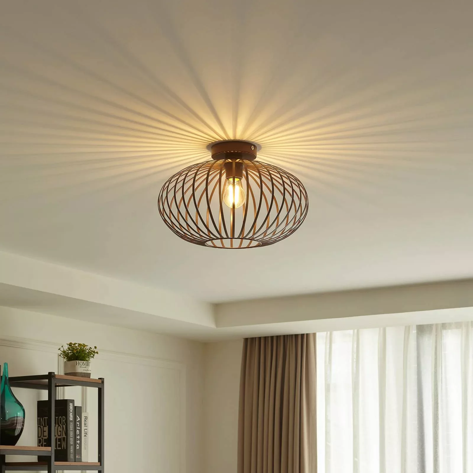 Lindby Deckenleuchte Nahele, braun, Metall, Ø 40 cm, E27 günstig online kaufen