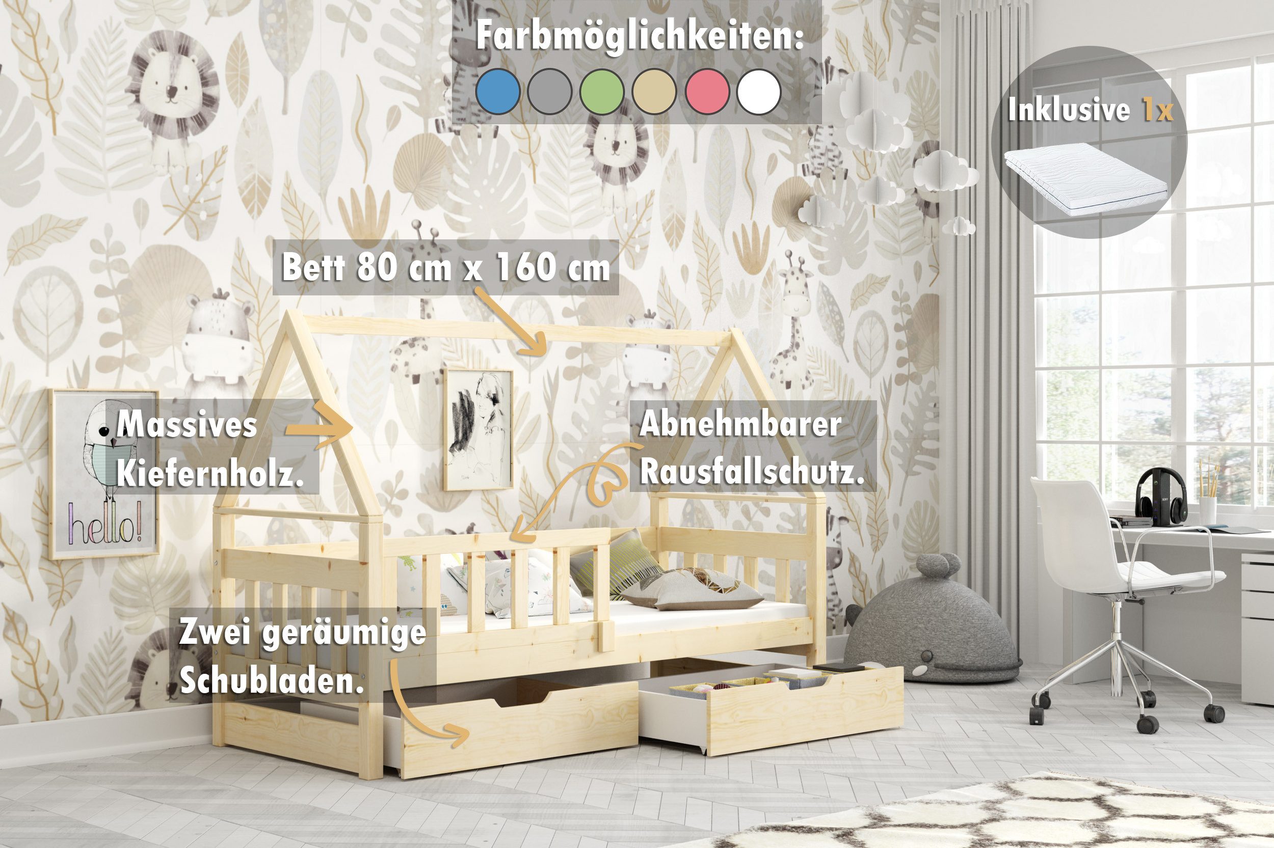 thematys Kinderbett mit Rausfallschutz und Ausziehbett günstig online kaufen