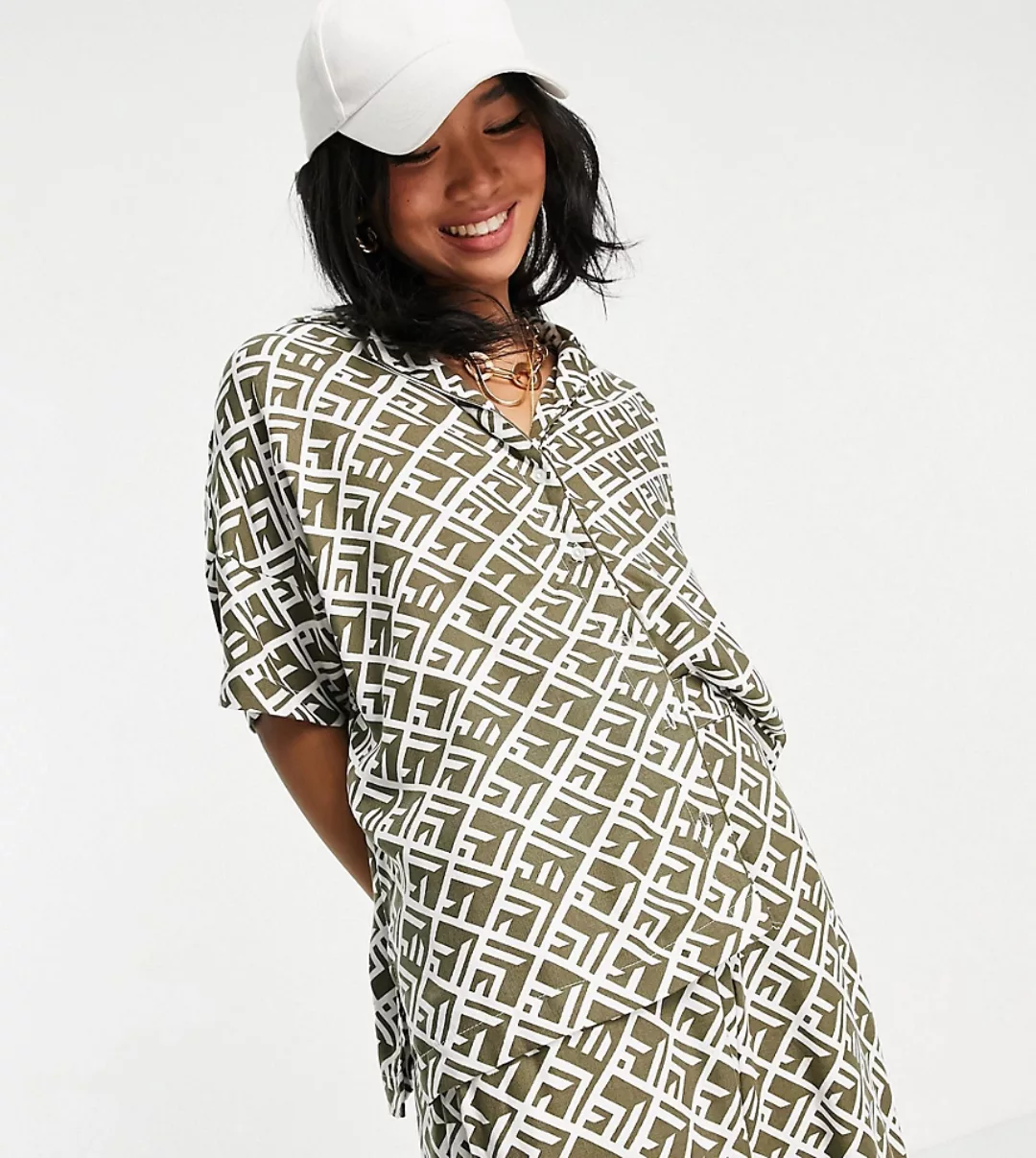 Noisy May Petite – Oversize-Hemd in Khaki mit abstraktem Print, Kombiteil-M günstig online kaufen