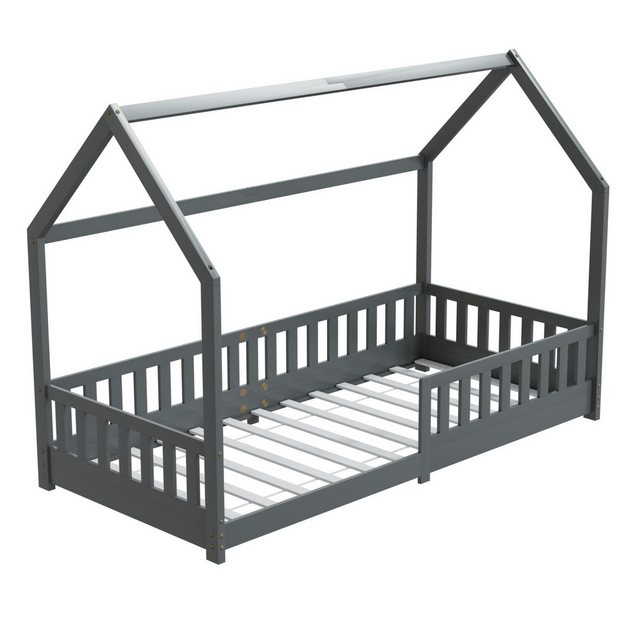 HAGO Kinderbett 90x200cm Grau Hausbett Dach Rausfallschutz Massivholz Kiefe günstig online kaufen