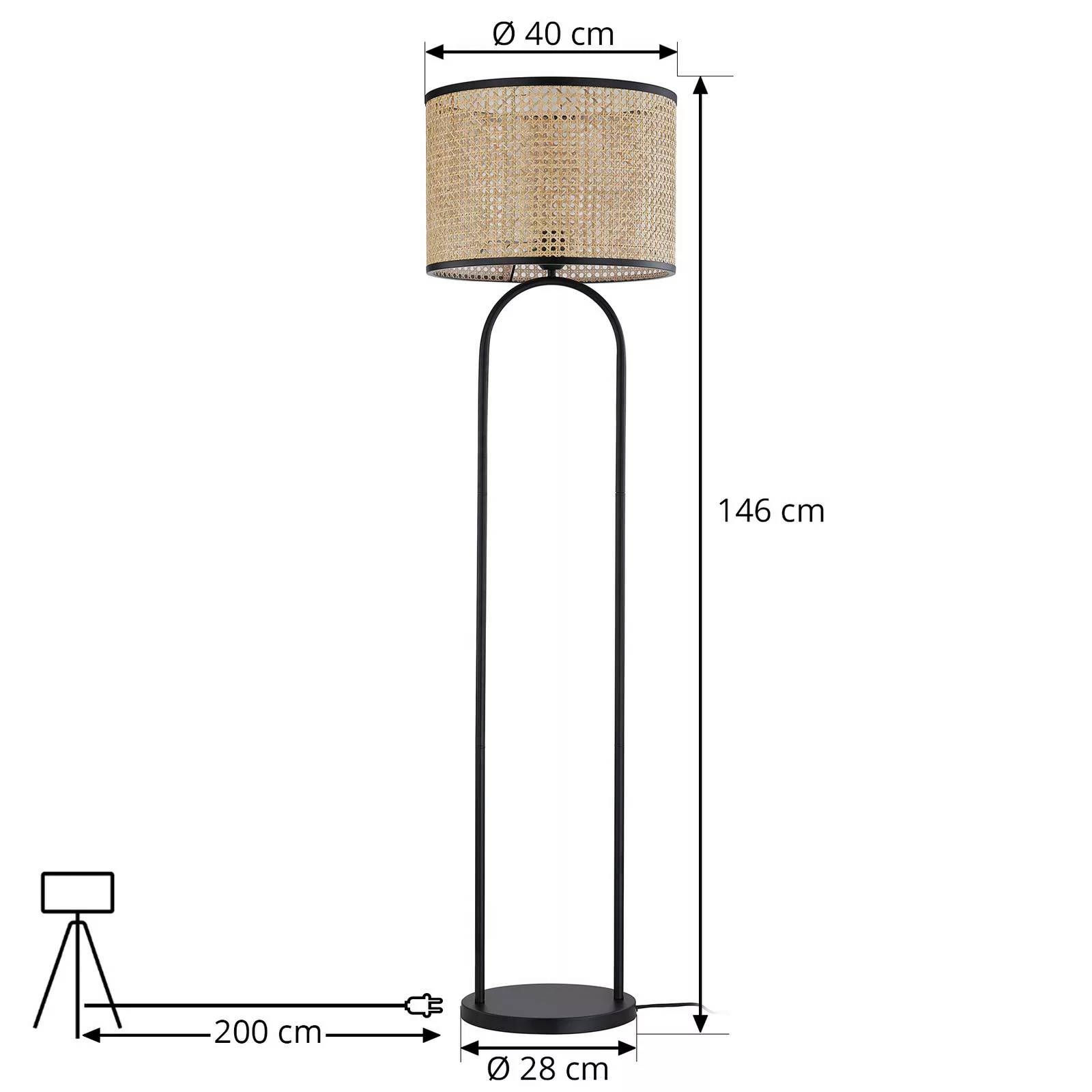 Lindby Stehleuchte Yaelle, 146 cm hoch, Rattan, schwarz, E27 günstig online kaufen