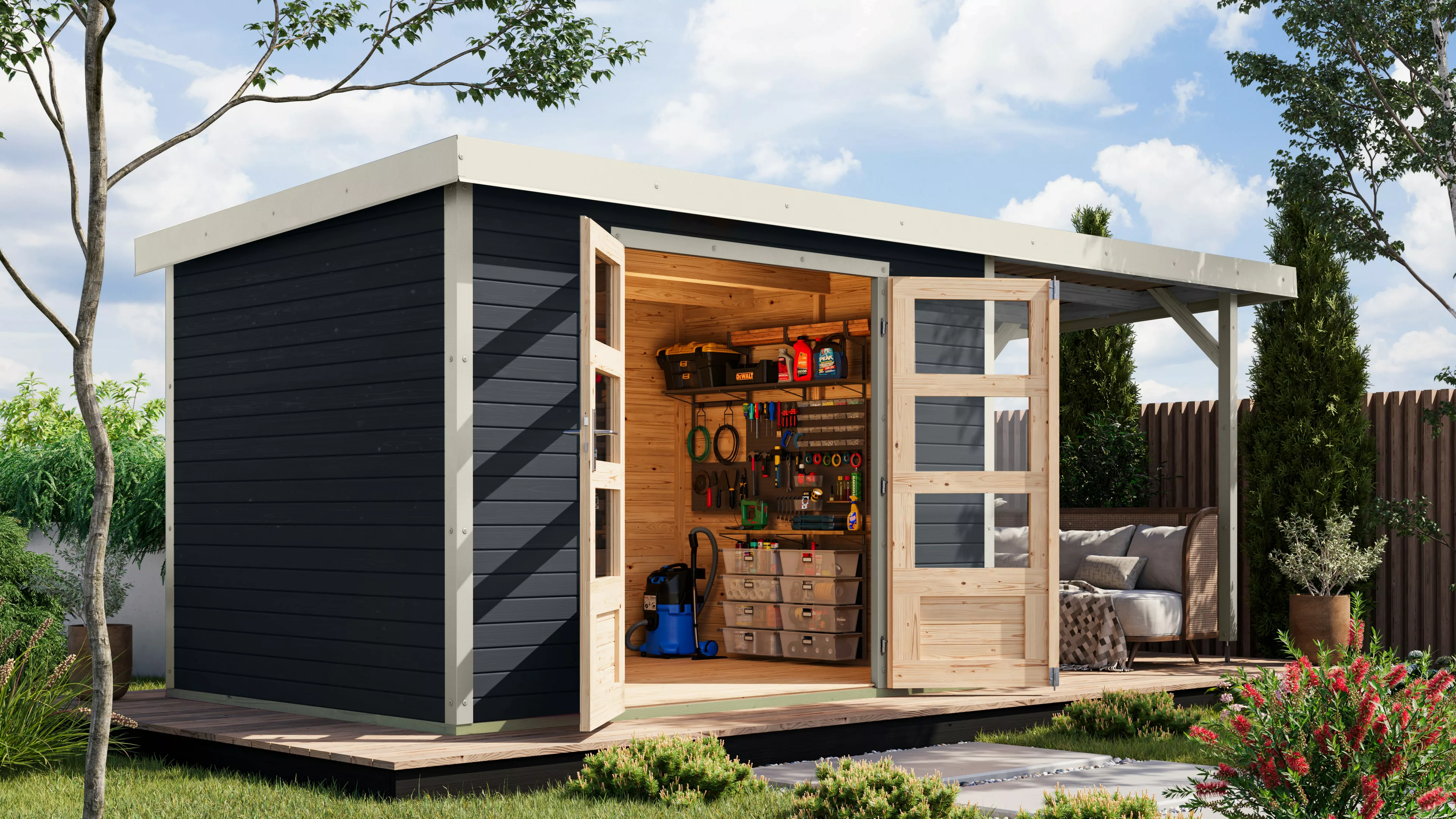 Karibu Gartenhaus ""Jupiter 4 D" SET wassergrau, mit Anbaudach 2,35 m breit günstig online kaufen
