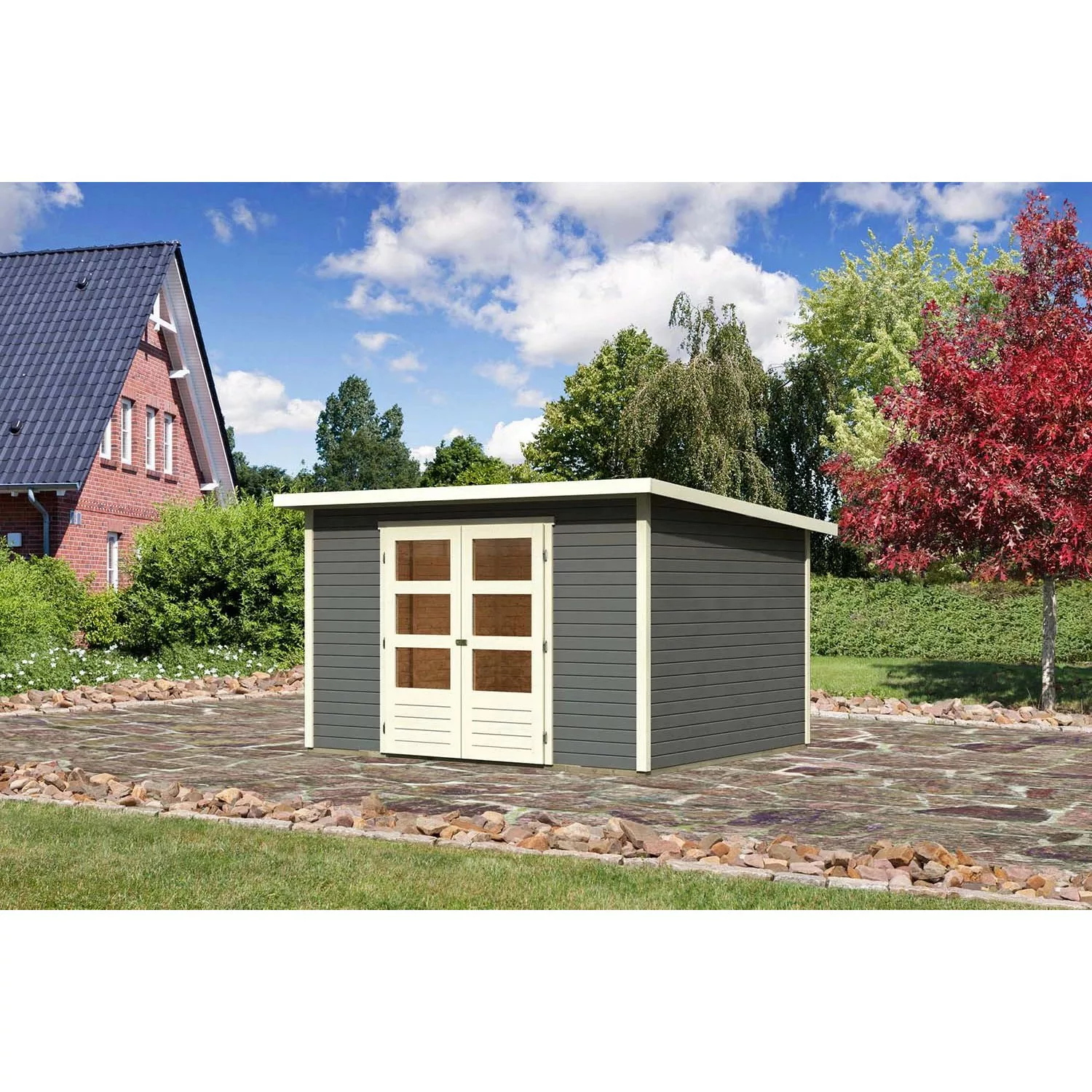 Karibu Holz-Gartenhaus Stockach Terragrau Pultdach Lackiert 301 cm x 242 cm günstig online kaufen