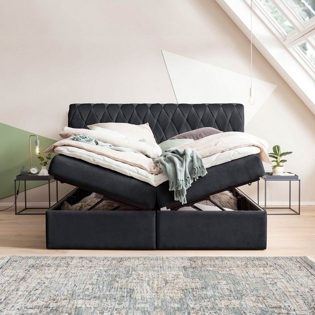 BettCo Stauraumbett Boxspringbett mit Bettkasten Lyon (in Schwarz Samt, 140 günstig online kaufen