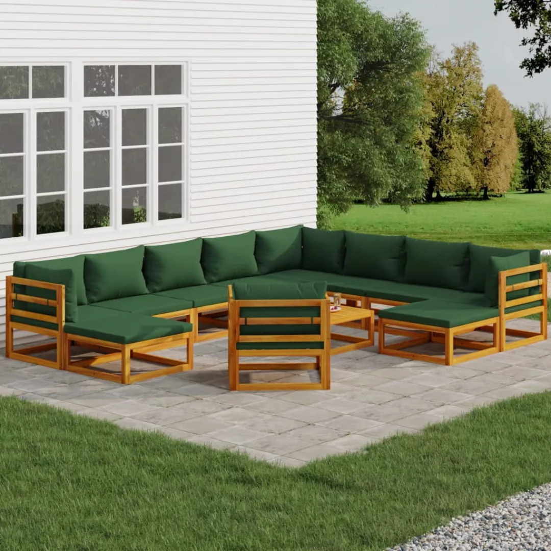 Vidaxl 12-tlg. Garten-lounge-set Mit Grünen Kissen Massivholz günstig online kaufen