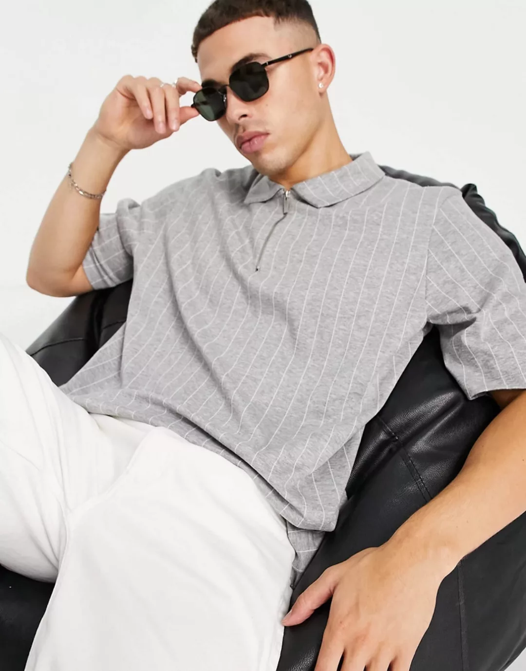 Topman – Graues Interlock-Polohemd in Oversize-Passform mit vertikalen Nade günstig online kaufen