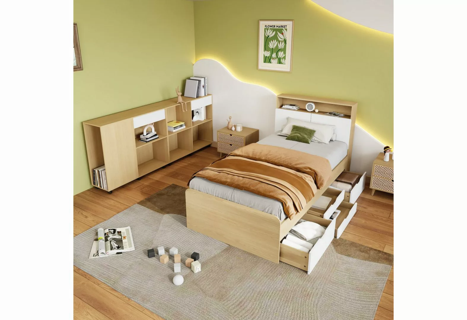 OKWISH Einzelbett Kinderbett (Paneelbett mit 4 Schubladen, 2 Schränke mit R günstig online kaufen