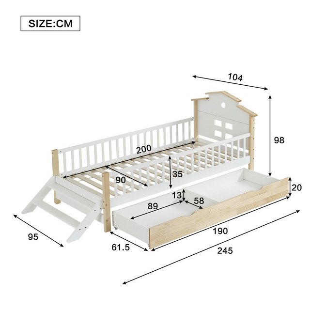 Flieks Kinderbett, Holzbett Einzelbett 90x200cm mit 2 Schubladen und Leiter günstig online kaufen