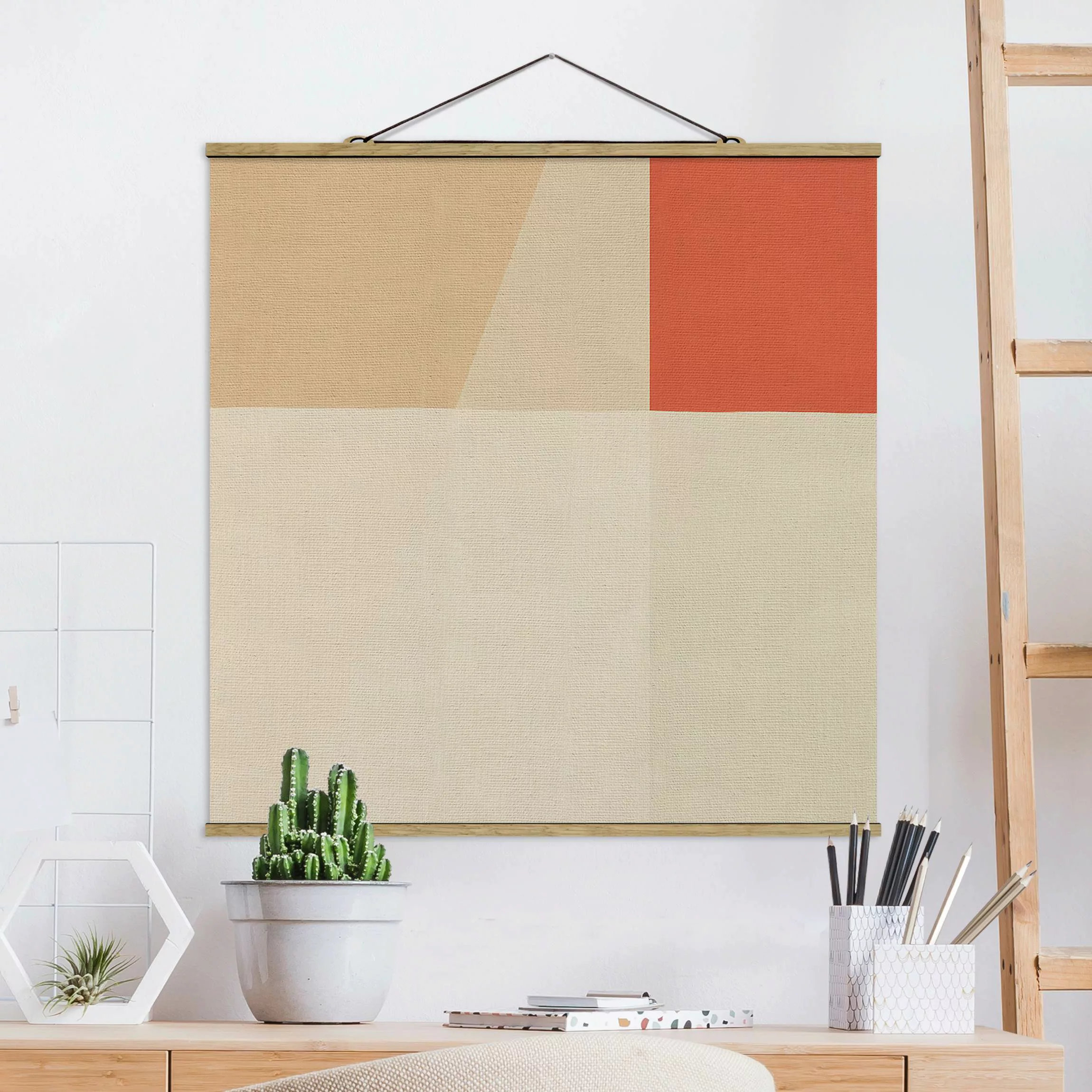 Stoffbild mit Posterleisten Oranges Rechteck auf Beige günstig online kaufen