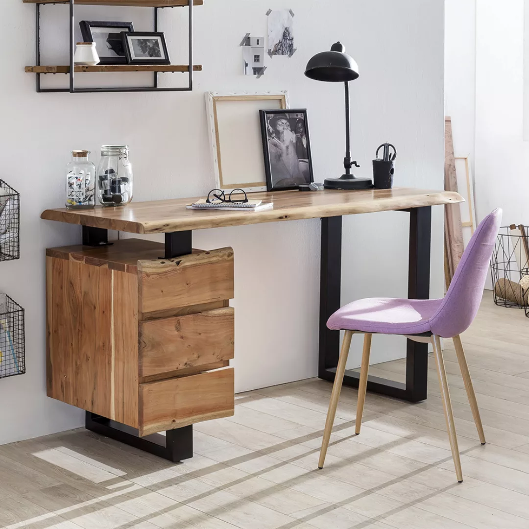 Design Schreibtisch mit Baumkante Akazie Massivholz günstig online kaufen