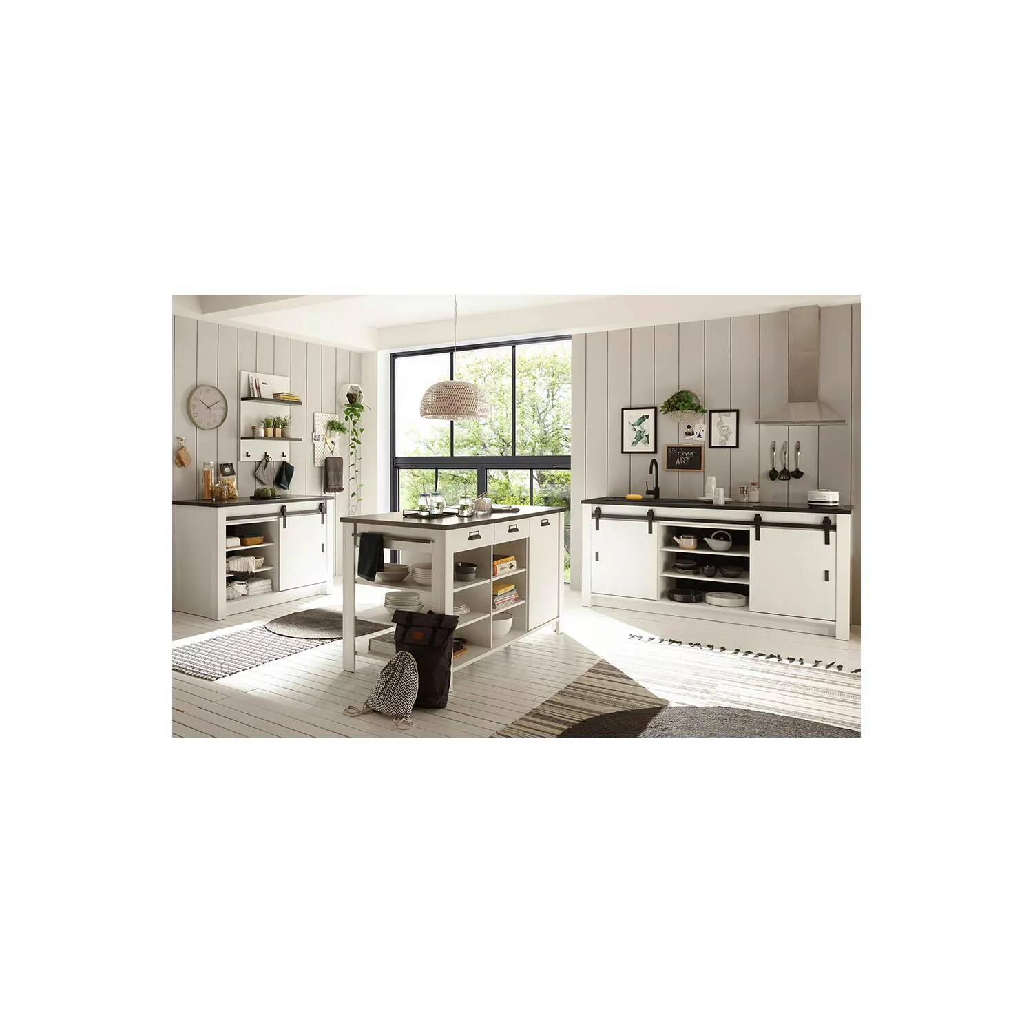 Küchen Set mit Spülschränken, Wandregal und Kücheninsel SHELTON-61 in Pinie günstig online kaufen