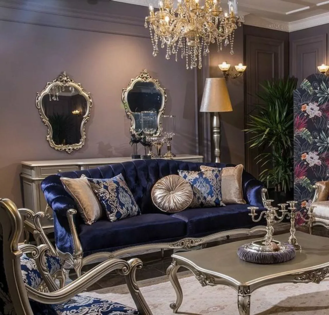 Casa Padrino Sofa Luxus Barock Wohnzimmer Sofa mit dekorativen Kissen Blau günstig online kaufen