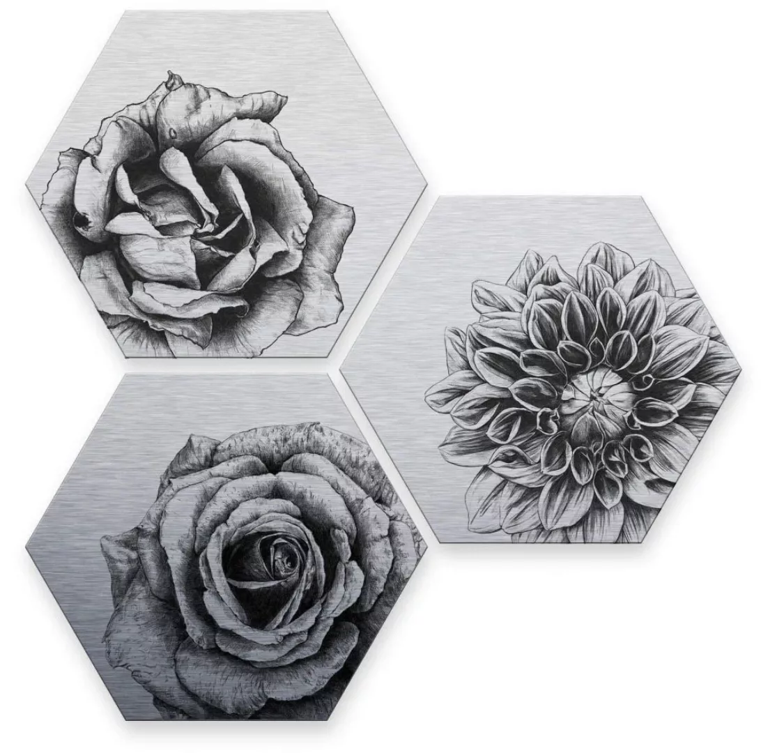 Wall-Art Mehrteilige Bilder »Silbereffekt Blumen Set«, (Set, 3 St.) günstig online kaufen