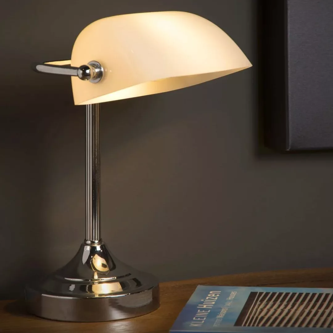 Schreibtischlampe Banker mit weißem Glas, E14 günstig online kaufen
