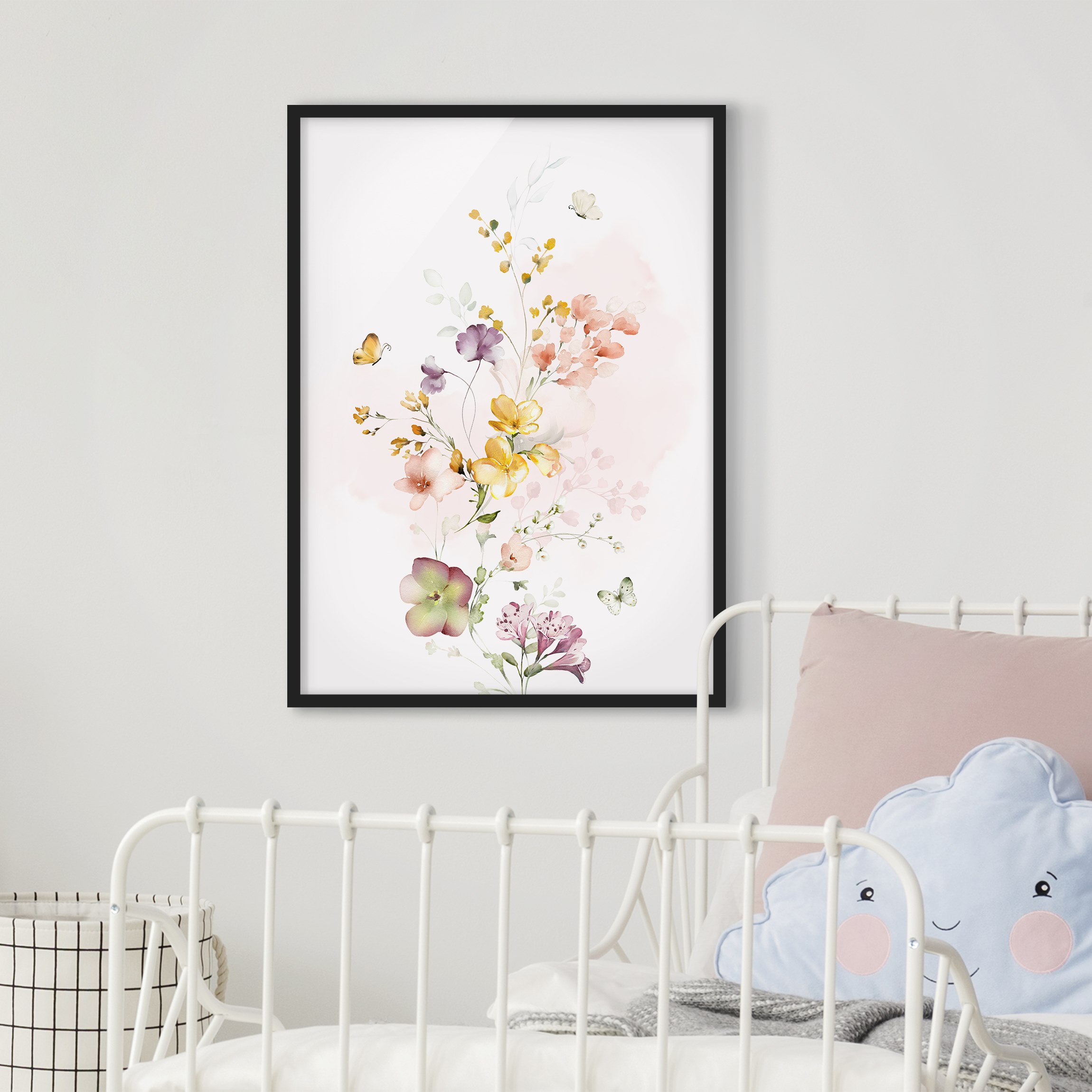 Bild mit Rahmen Aquarell Blumenranke mit Schmetterlingen günstig online kaufen