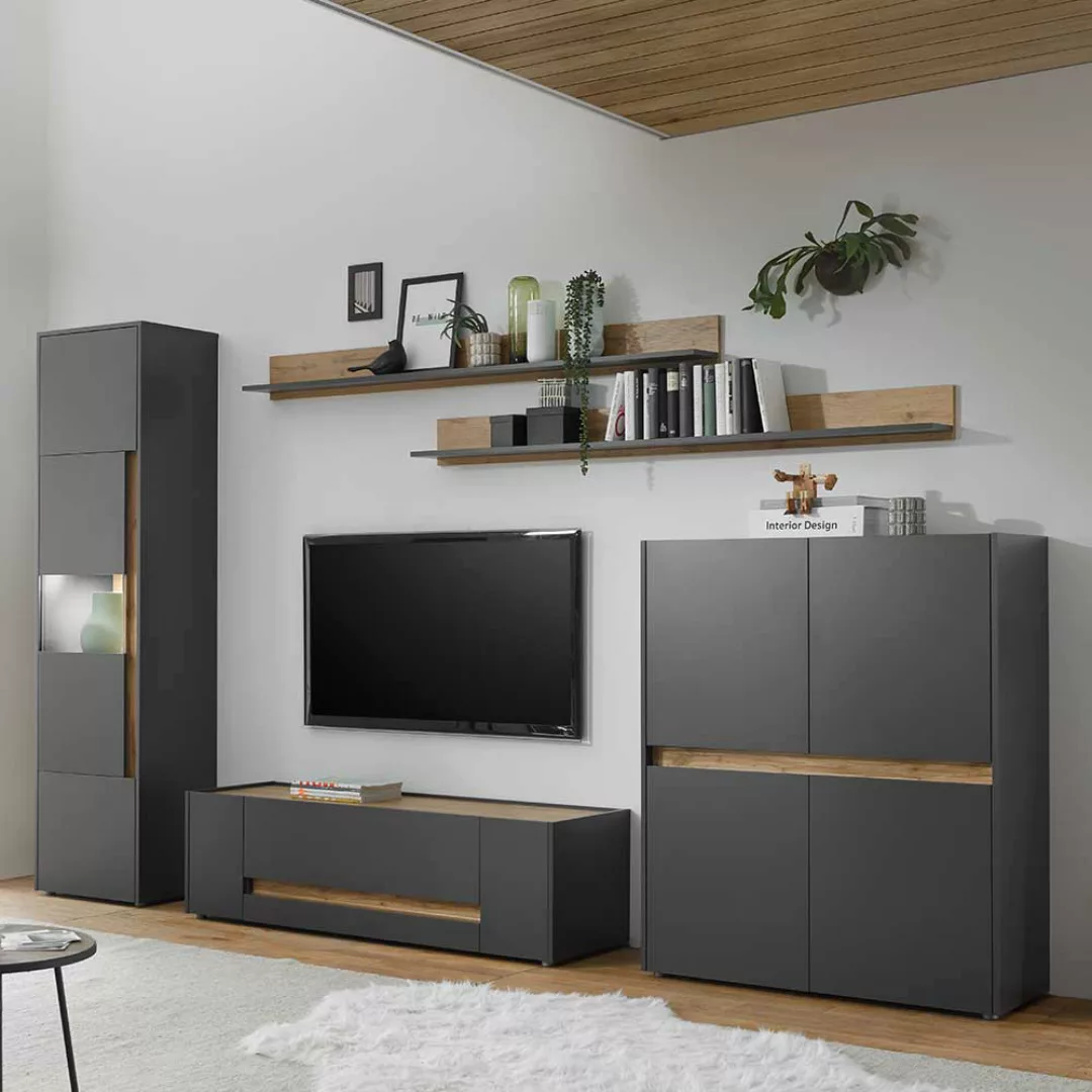 TV Wohnwand in Anthrazit und Wildeiche Optik 290 cm breit (fünfteilig) günstig online kaufen