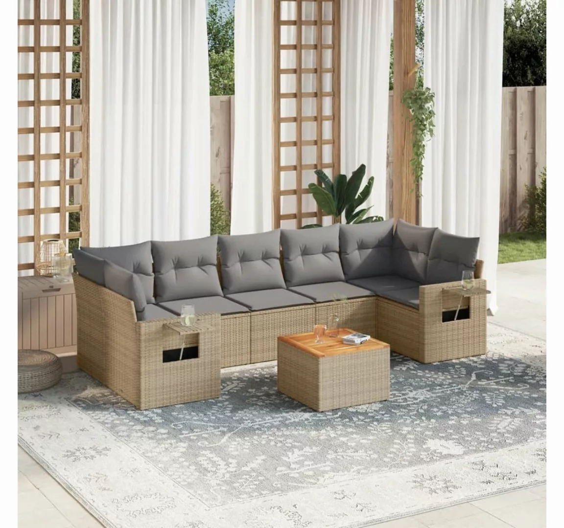vidaXL Loungesofa 8-tlg. Garten-Sofagarnitur mit Kissen Beige Poly Rattan, günstig online kaufen