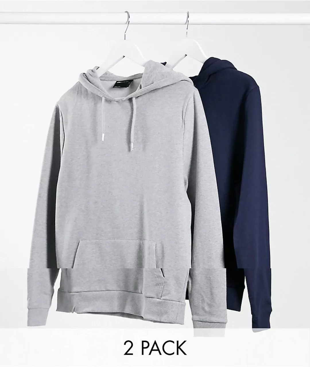 ASOS DESIGN – Kapuzenpullover aus Bio-Baumwolle im 2er-Pack in Marine/Grau günstig online kaufen