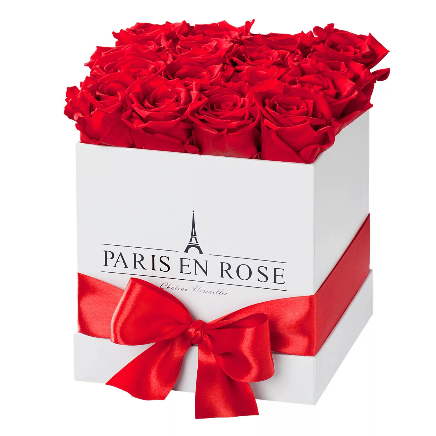 Rosenbox eckig Weiß mit Schleife und 12 Roten Rosen günstig online kaufen