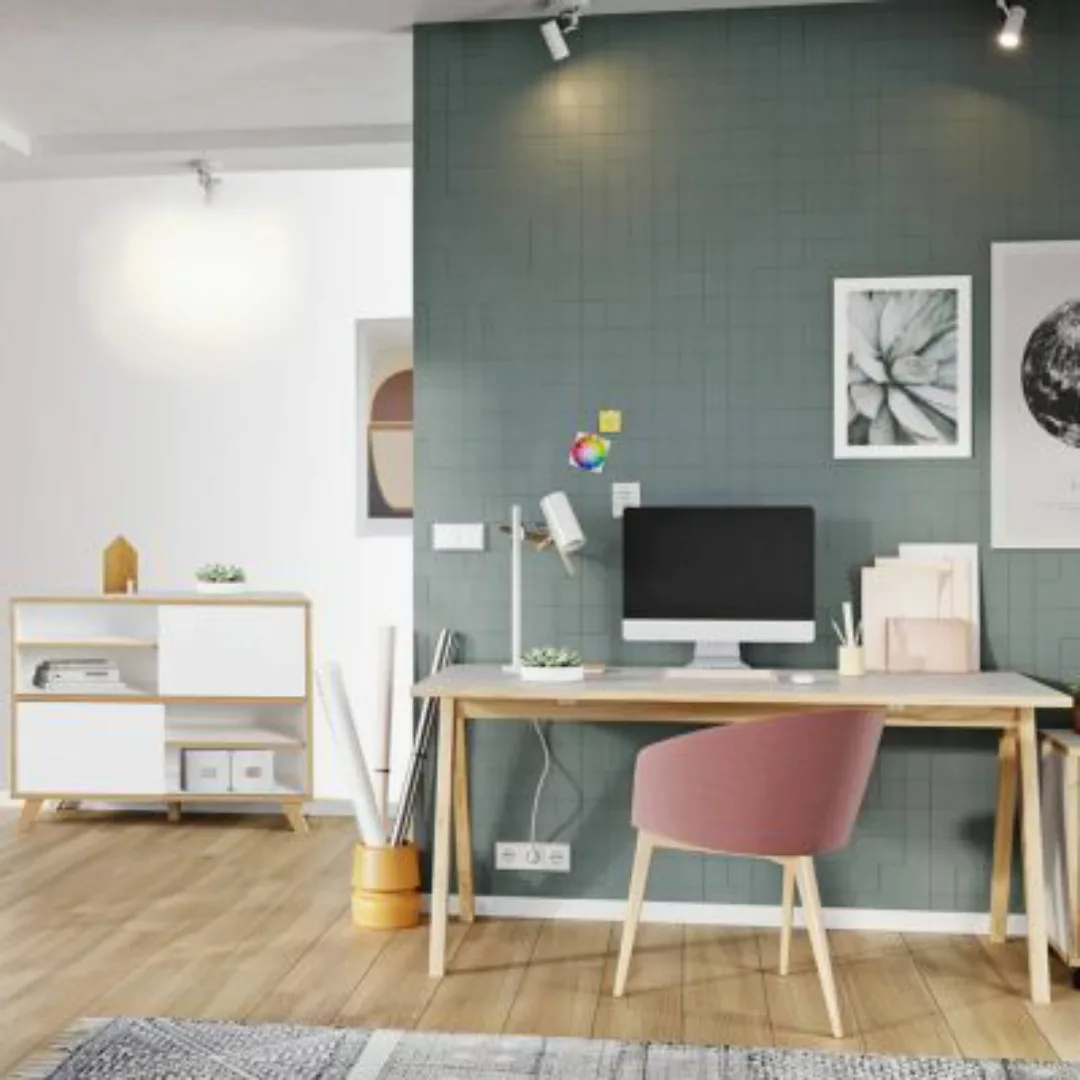 Lomadox Büromöbel Set HOLM-01 in weiß mit Absetzungen in Navarra Eiche Nb. günstig online kaufen