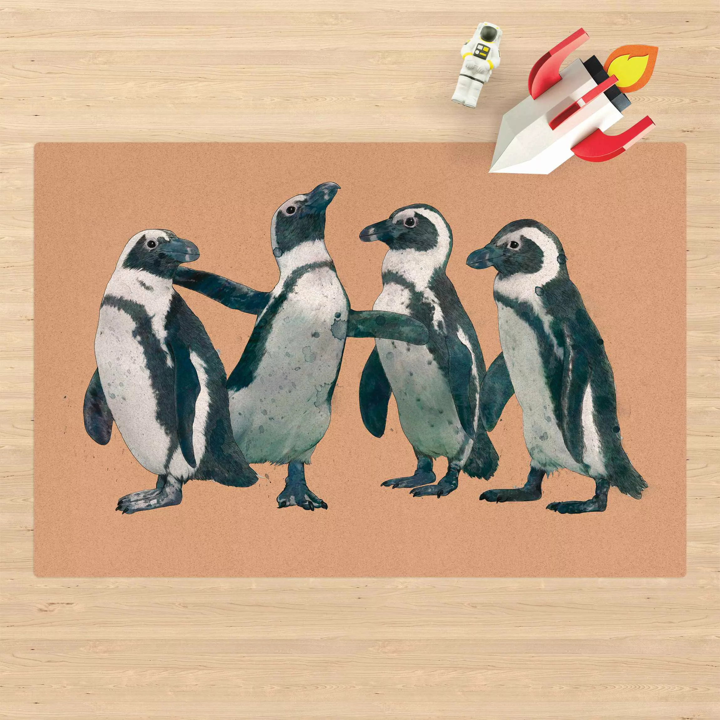 Kork-Teppich Illustration Pinguine Schwarz Weiß Aquarell günstig online kaufen