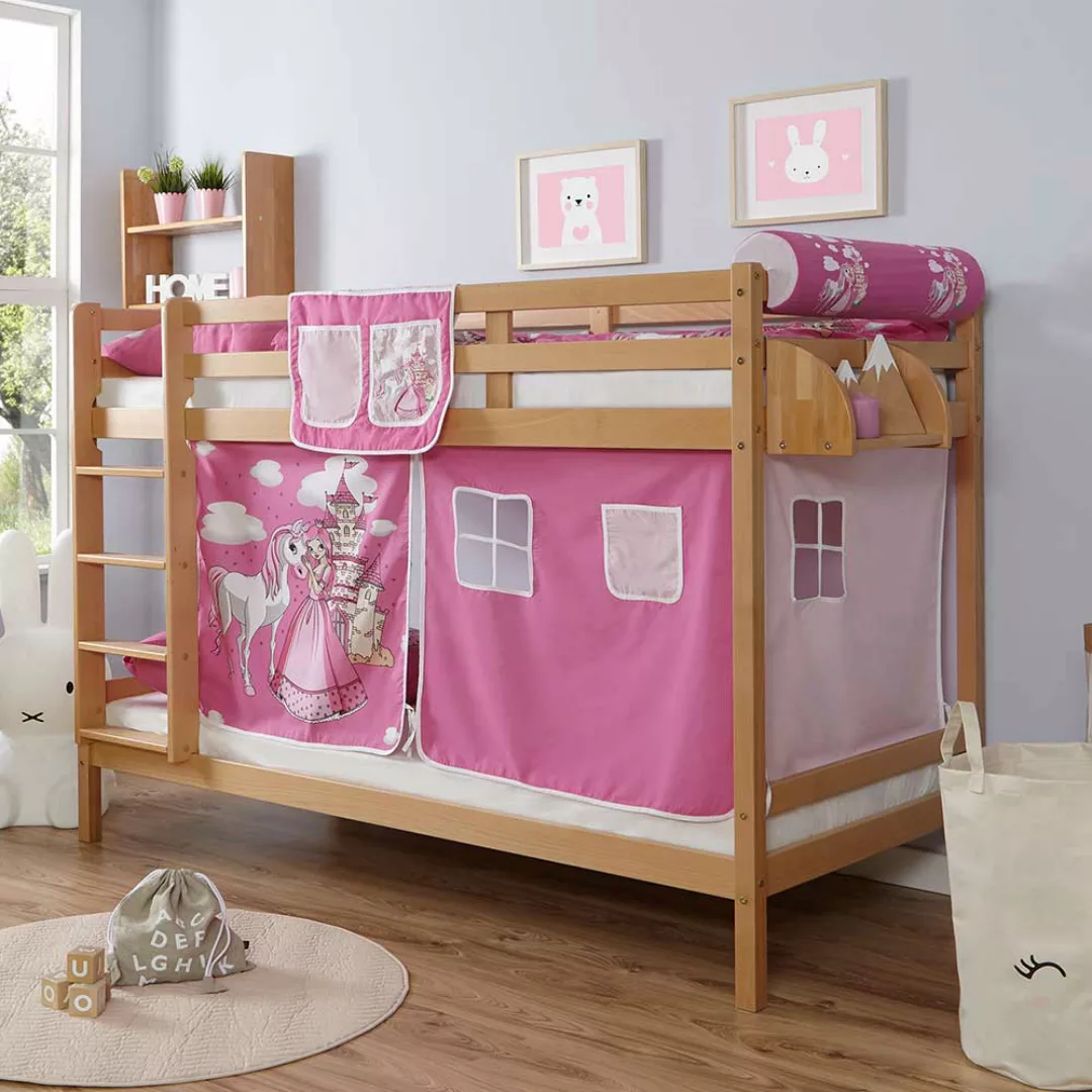 Kinderetagenbett aus Buche Massivholz Webstoff Pink und Rosa günstig online kaufen