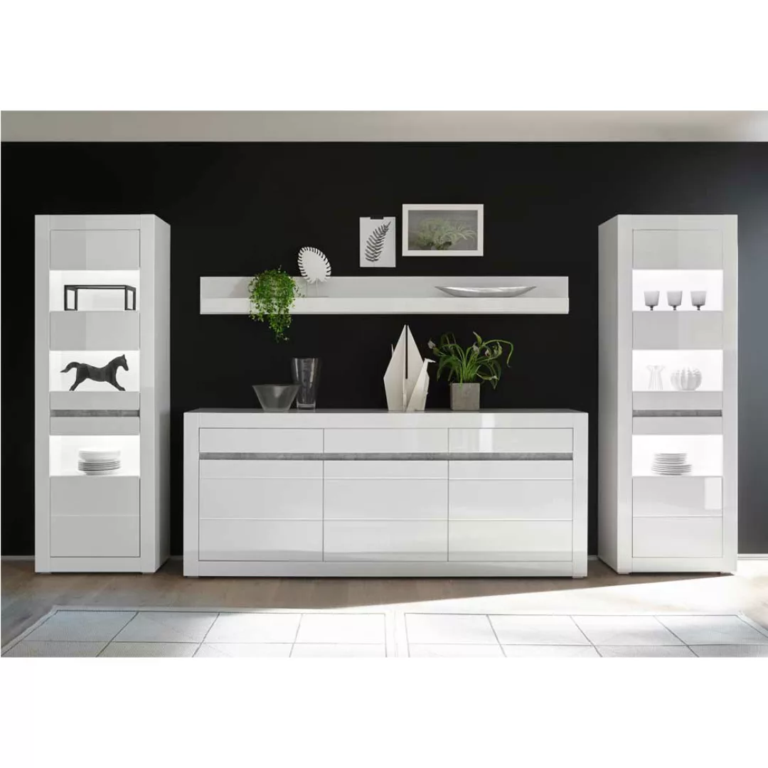 Design Wohnwand in Weiß Hochglanz und Beton Grau Sideboard (vierteilig) günstig online kaufen