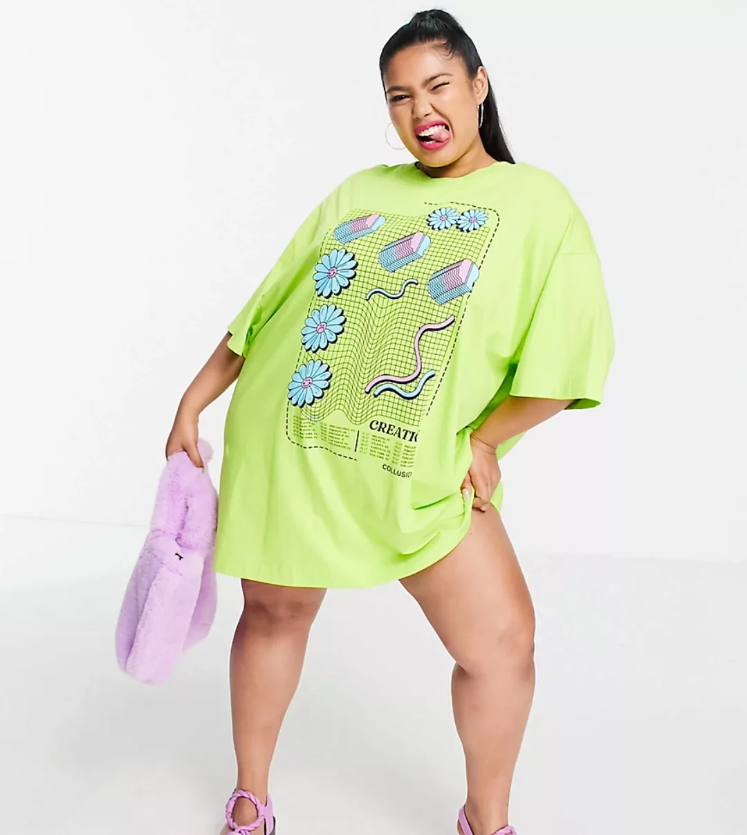 COLLUSION Plus – Exklusives T-Shirt-Kleid in Limettengrün mit Blumen-Grafik günstig online kaufen