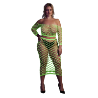 Long Sleeve Crop Top and Long Skirt - Plus Size - Neon Green günstig online kaufen