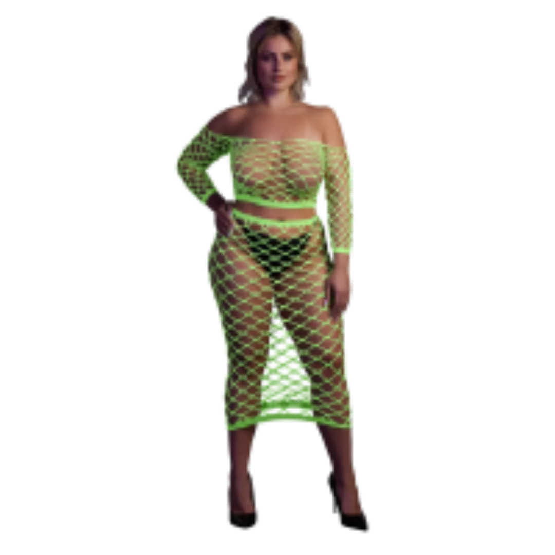 Long Sleeve Crop Top and Long Skirt - Plus Size - Neon Green günstig online kaufen