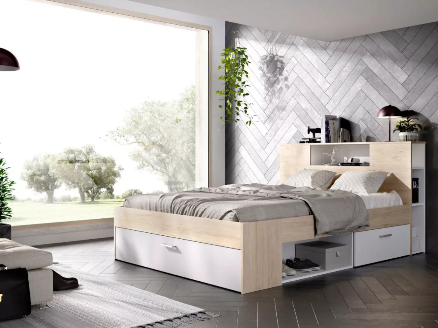 Bett mit Stauraum & Schubladen - 160 x 200 cm - Weiß & Naturfarben - LEANDR günstig online kaufen