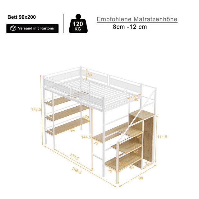 Flieks Hochbett Metallbett 90x200cm mit Schreibtisch Stauraumtreppe Kleider günstig online kaufen