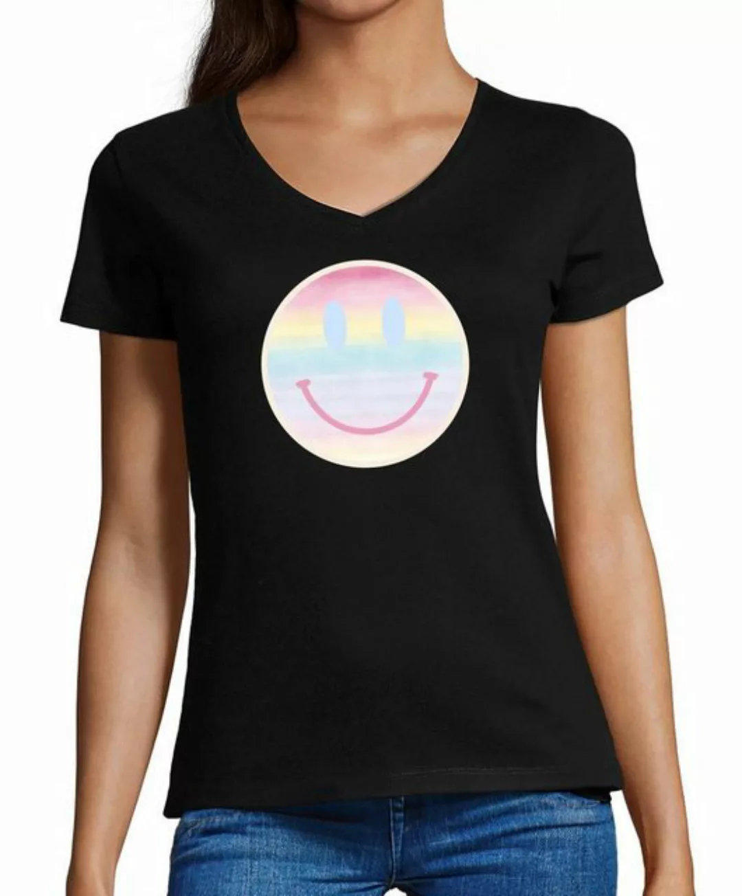 MyDesign24 T-Shirt Damen Smiley Print Shirt - Lächelnder pastellfarbener Sm günstig online kaufen