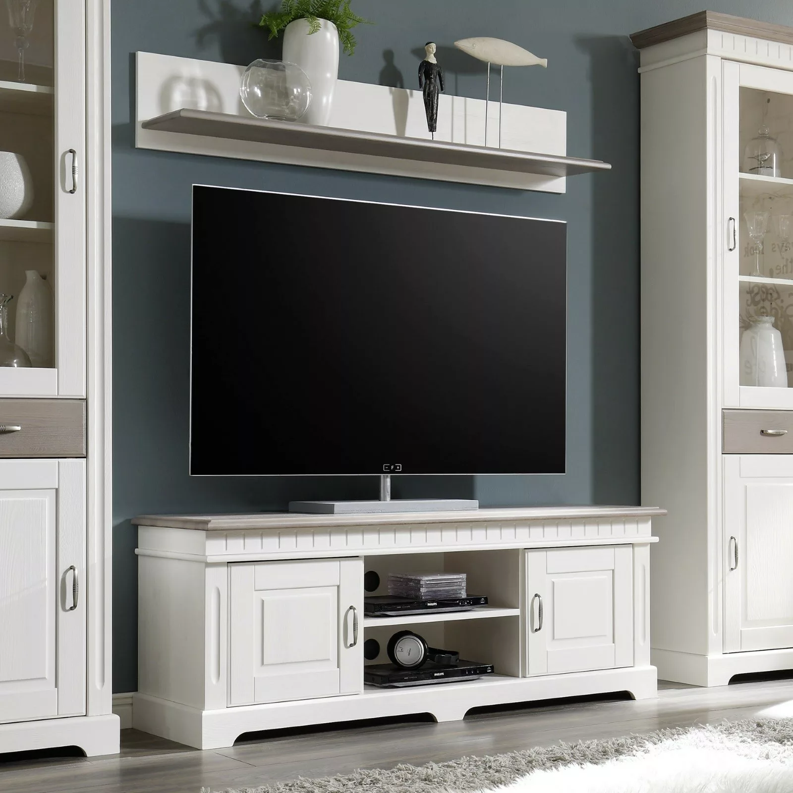 TV-Lowboard mit Wandregal weiß Massivholz 144 cm CORDOBA günstig online kaufen