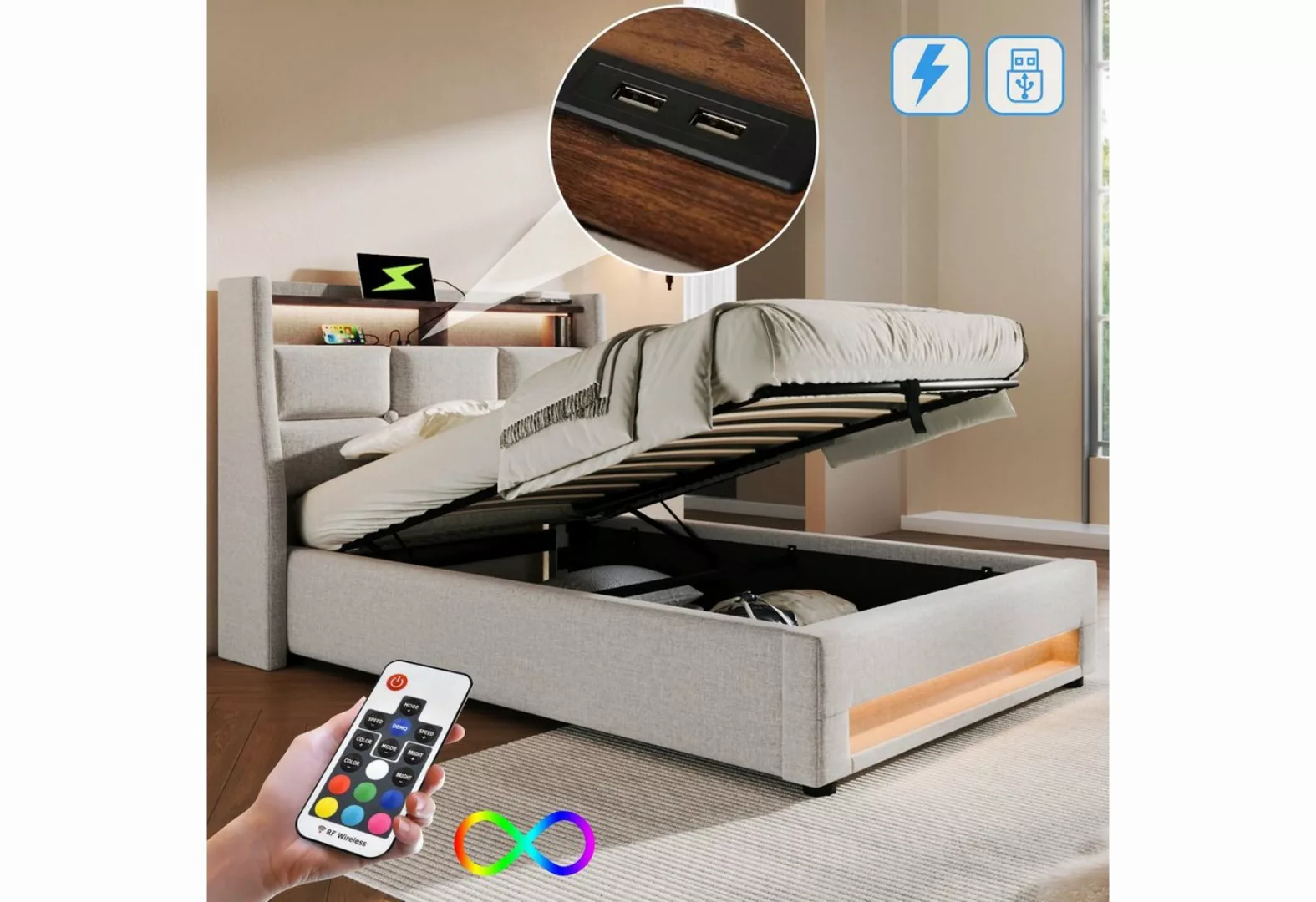 OKWISH Polsterbett Bett (LED Einzelbett mit Lattenrost aus Metallrahmen, Ju günstig online kaufen