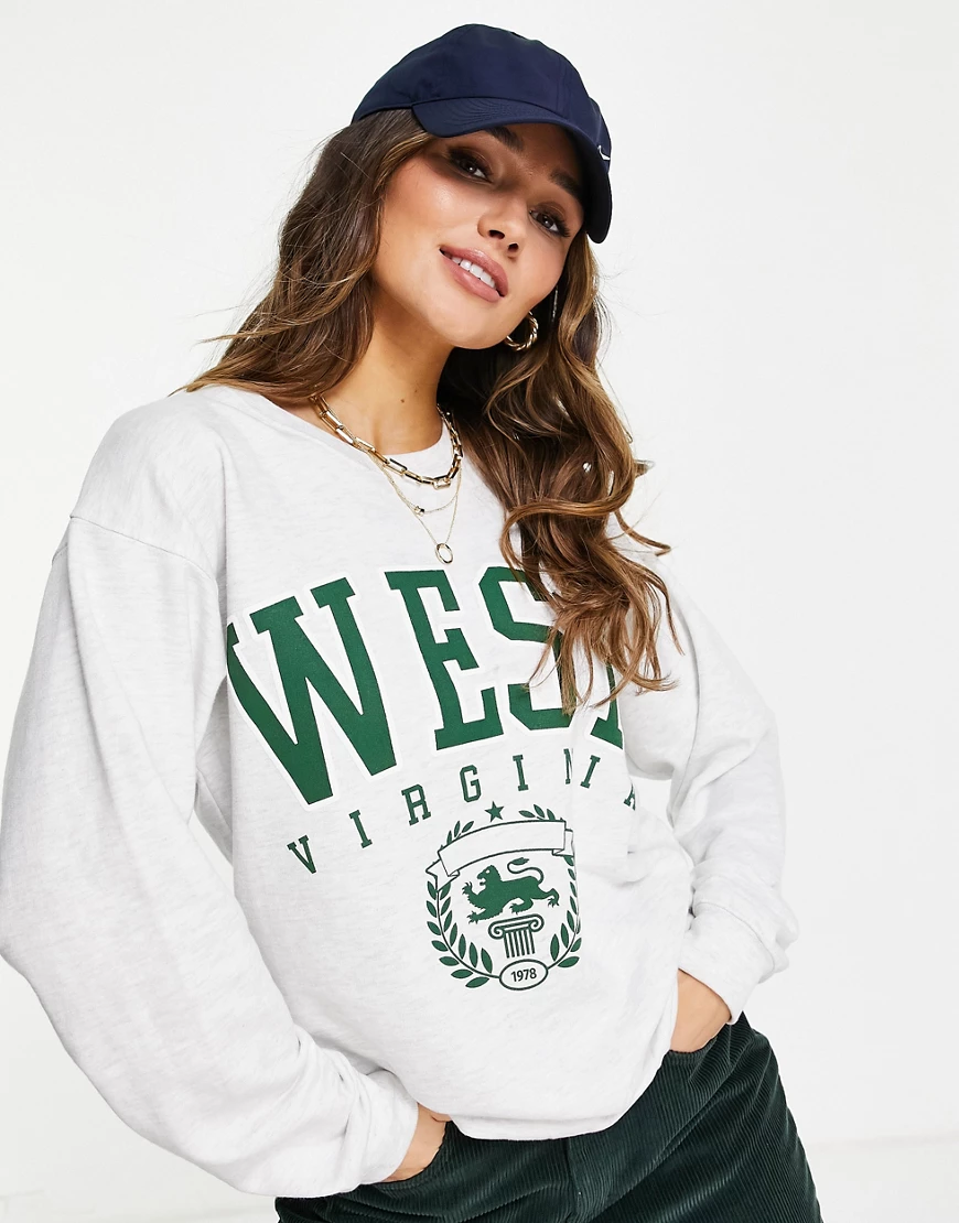 River Island – West Viginia – Sweatshirt mit Slogan in Kalkgrau günstig online kaufen