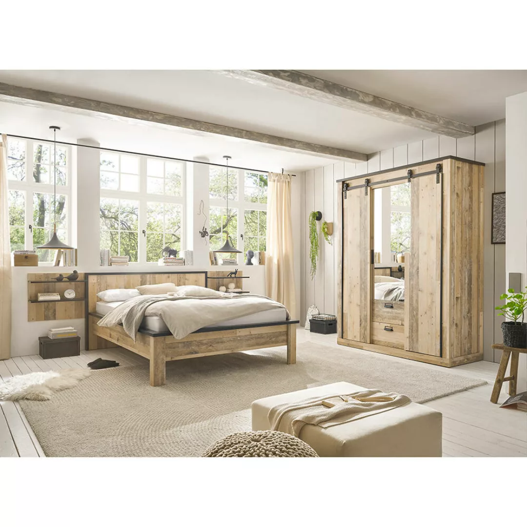 Schlafzimmer Set 4-teilig Bett 140x200cm in Old Style hell mit anthrazit SH günstig online kaufen