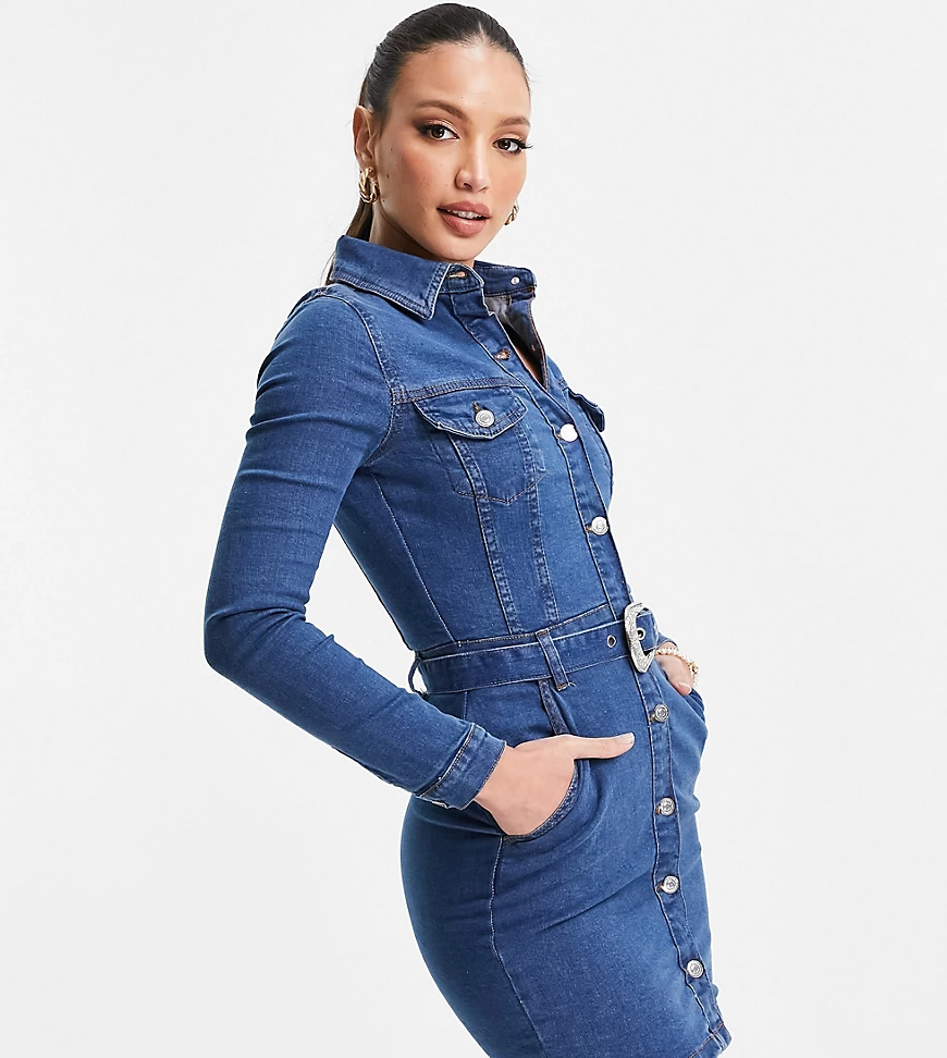 Parisian Tall – Kleid im Western-Stil mit Gürtel in Anthrazit-Blau günstig online kaufen