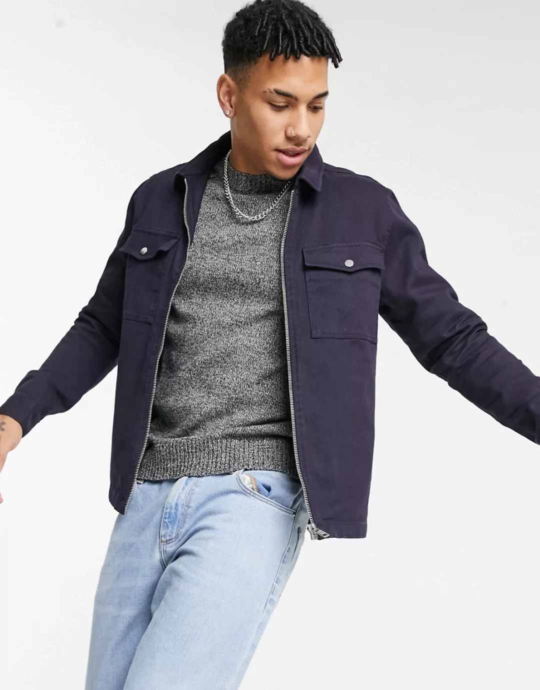 River Island – Langärmlige Hemdjacke aus Twill in Marineblau günstig online kaufen