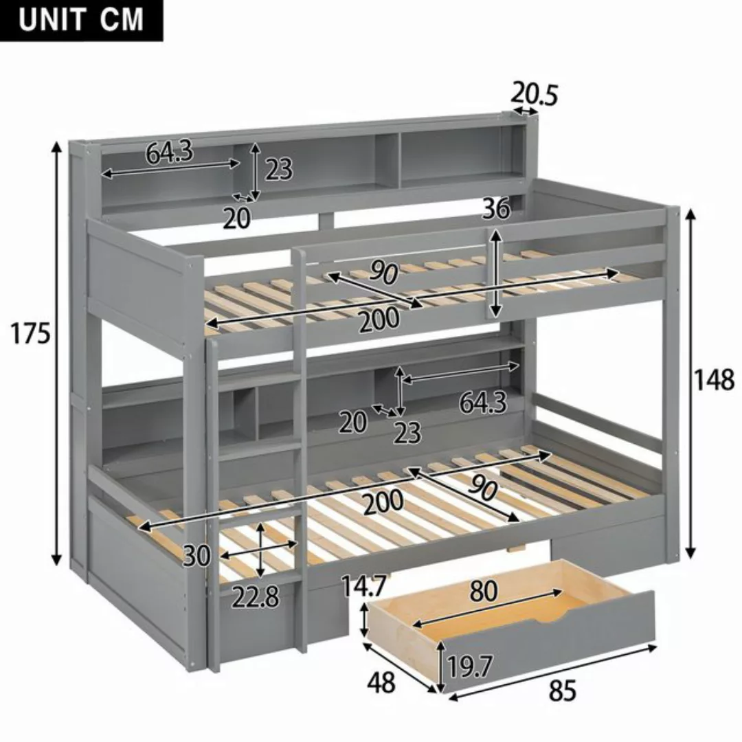 DOPWii Kinderbett 90x200cm Einzelbetten,Etagenbetten mit Schubladen,Staufäc günstig online kaufen