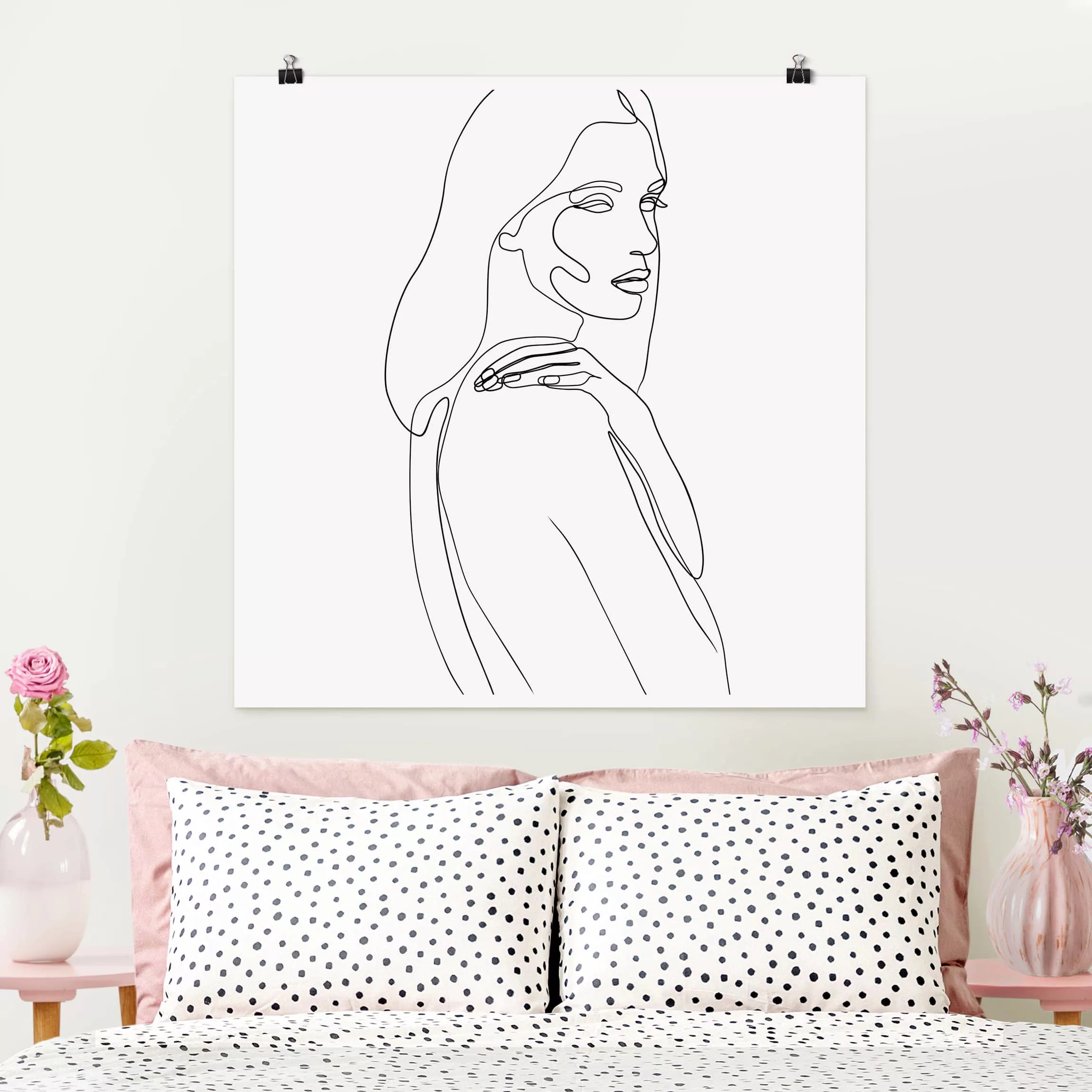 Poster Schwarz-Weiß - Quadrat Line Art Frau Schulter Schwarz Weiß günstig online kaufen