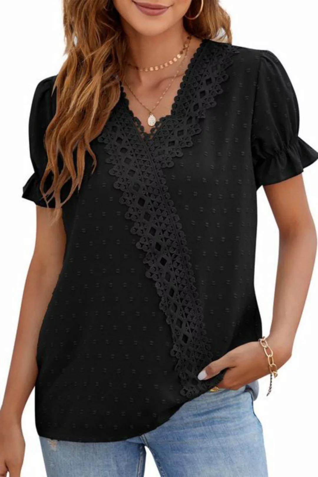 ENIX Chiffonbluse Damen ChiffonShirt V-Ausschnitt Rüschenärmel Kurzarmshirt günstig online kaufen