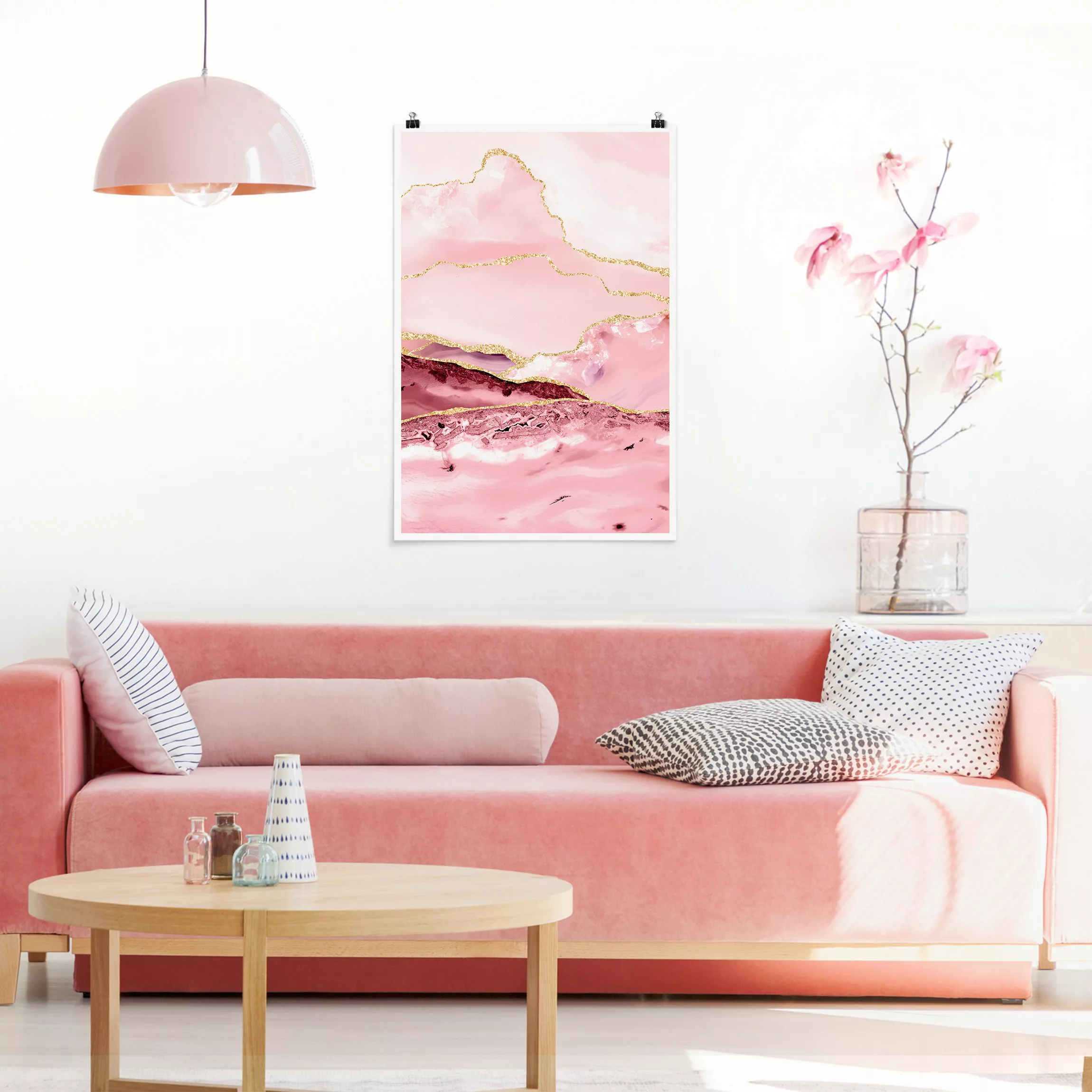 Poster Abstrakte Berge Rosa mit Goldene Linien günstig online kaufen