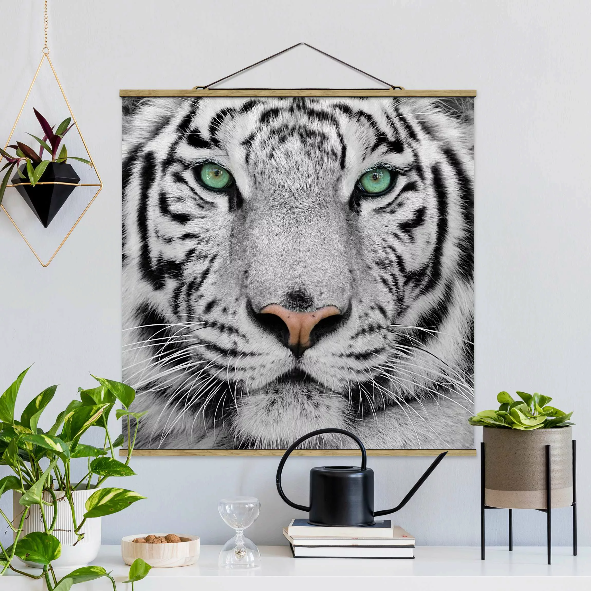 Stoffbild Tiere mit Posterleisten - Quadrat Weißer Tiger günstig online kaufen