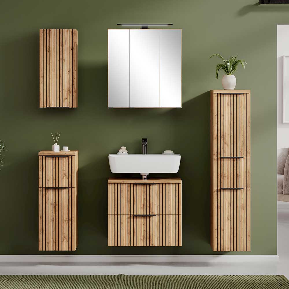 Badezimmermöbel mit Spiegelschrank in Wildeichefarben Schwarz (fünfteilig) günstig online kaufen
