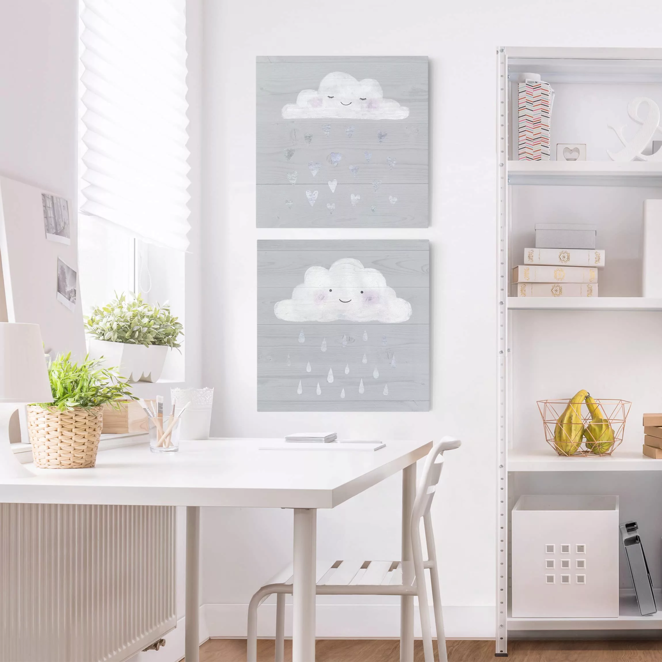 2-teiliges Leinwandbild Kinderzimmer - Quadrat Wolken mit silbernen Herzen günstig online kaufen