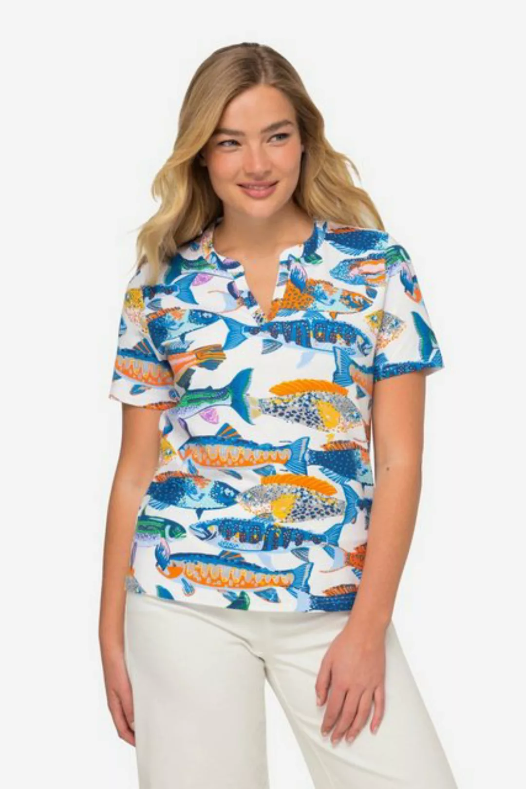 Laurasøn T-Shirt T-Shirt Fische-Print Tunika-Ausschnitt Halbarm günstig online kaufen