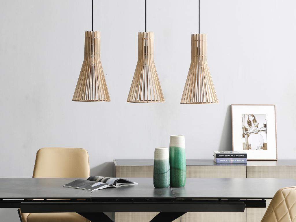 Hängeleuchte konisch - Holz - 3 Lampenschirme - 95 x 150 x 25 cm - Holzfarb günstig online kaufen