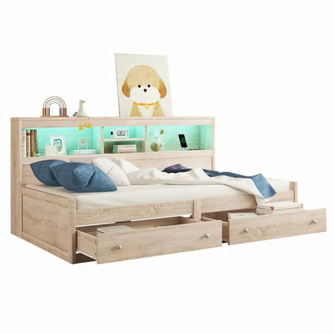 Flieks Kinderbett, LED Daybett Einzelbett 90x200cm mit Ladefunktion und 2 S günstig online kaufen